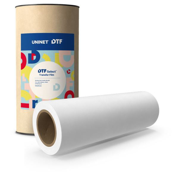 Roll of DTF transfer film with Uninet branding on a white background