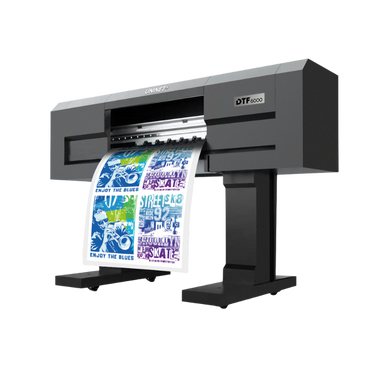 Digital textile printer with a colorful print on a white background