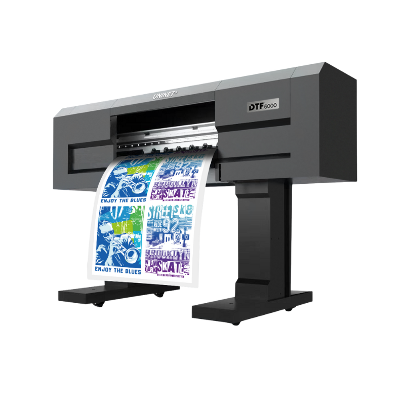 Digital textile printer with a colorful print on a white background