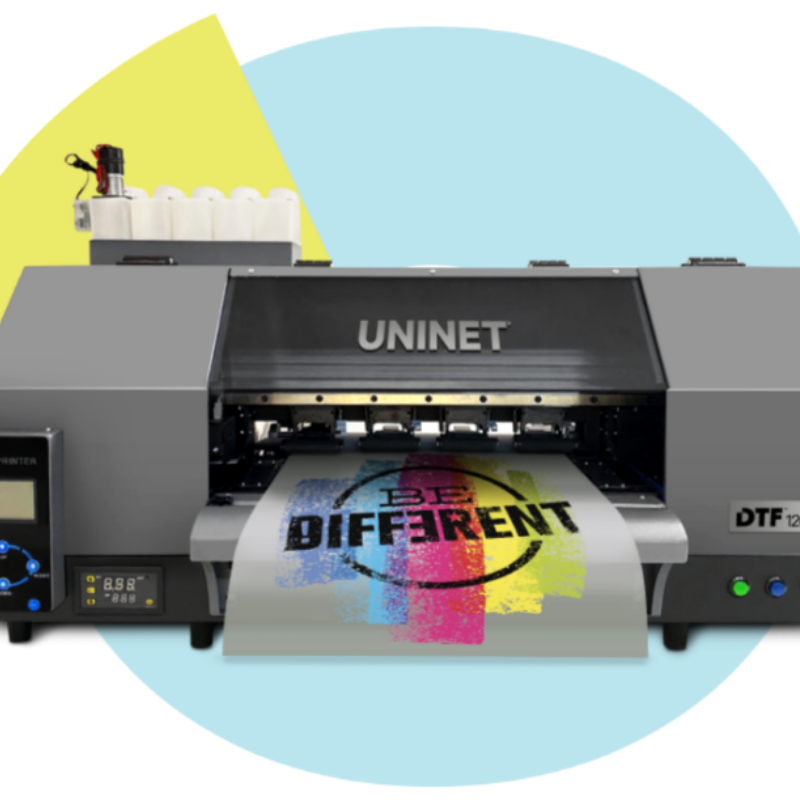 UNINET printer with colorful print output on a white background